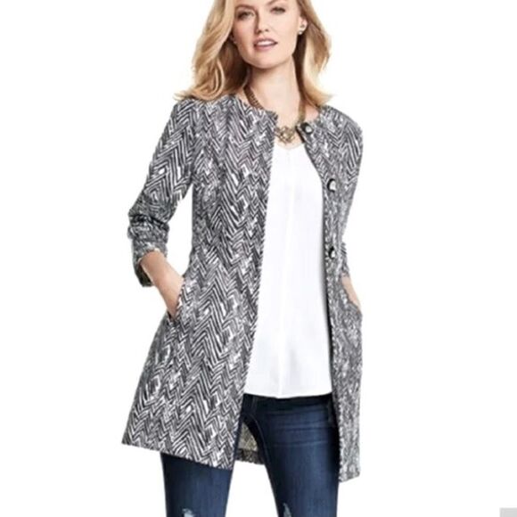 CAbi Zig Zag Ponte Knit Jacket Pockets Button Up Women Large White Gray 3034 - Picture 2 of 10